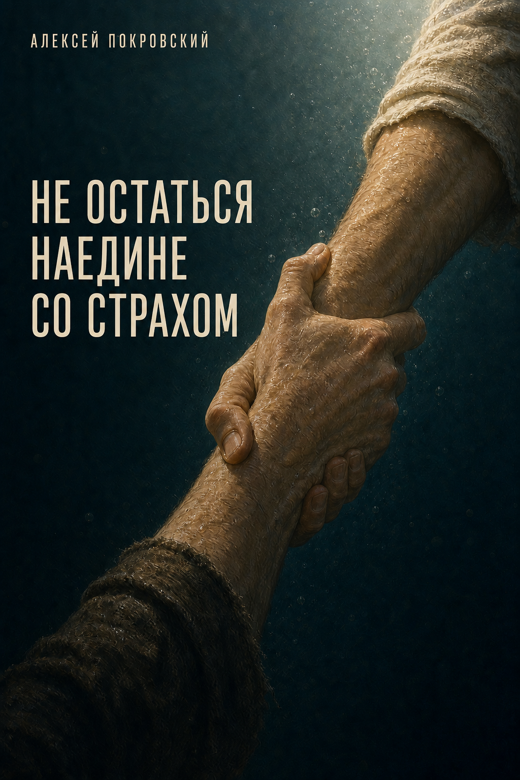 Обложка книги «Не остаться наедине со страхом»: рука Христа удерживает Петра в тёмной воде